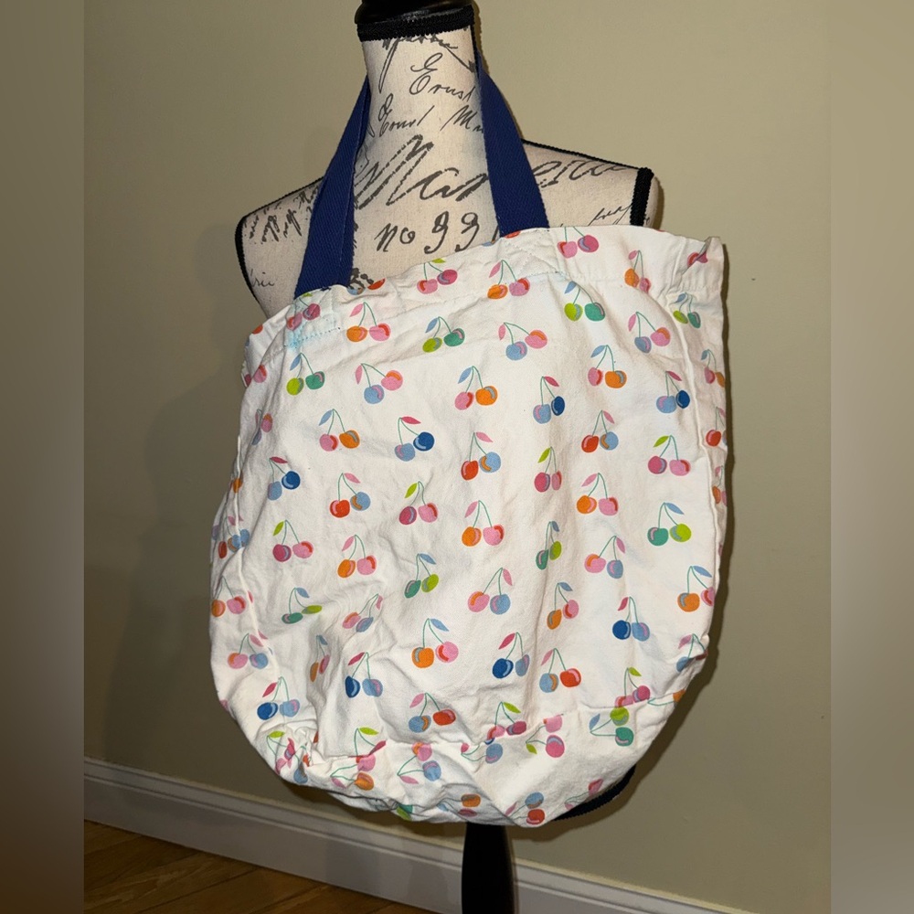 Cherry Print Tote Bag with Blue Handles